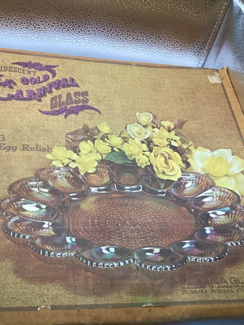 Antique, vintage Iridescent Gold Carnival Glass devil egg glass dish with box